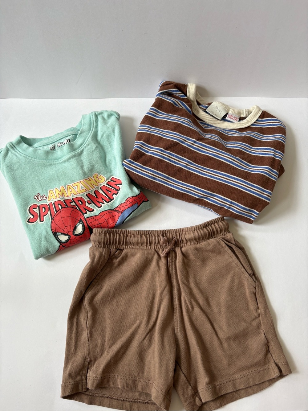 Lot Of 3 Gap Zara Long Sleeve Tee Tshirt Shorts 5Y Stripe Brown Teal Spider Man